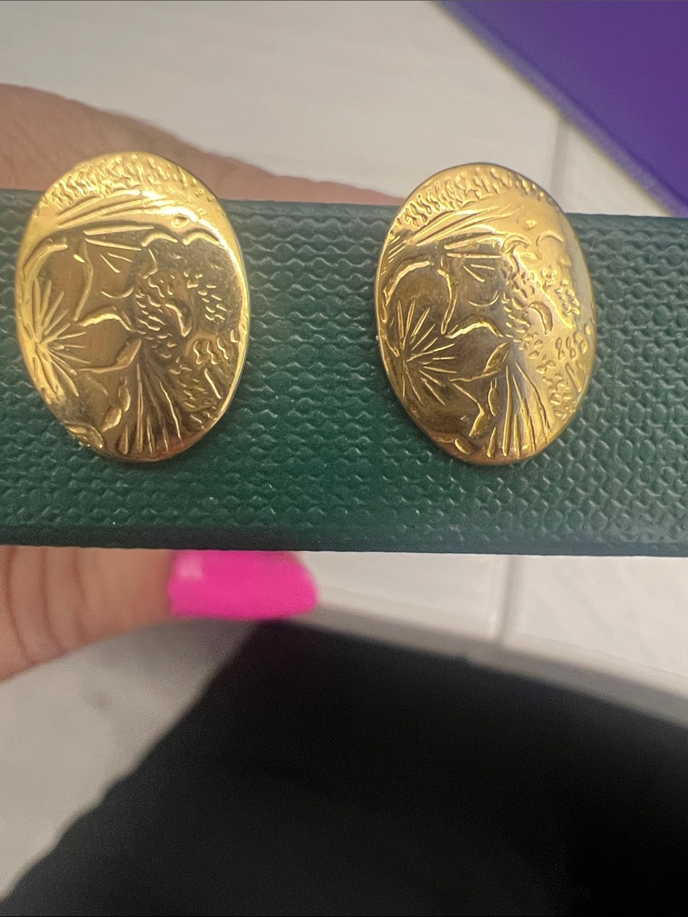Gold Floral Engraved Oval Clip-On Earrings - Green Backing